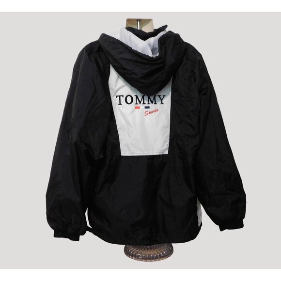 Tommy Sports Logo Windbreaker Jacket Mens XL Black White Removable Hood Lined - Picture 5 of 7